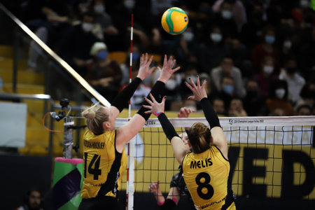 ISTANBUL, TURKEY - JANUARY 20, 2022: Gabriela Guimaraes and Ayse Melis Gurkaynak in action during Vakifbank vs LP Salo CEV Champions League Volley Match in Vakifbank Sport Hallのeditorial素材
