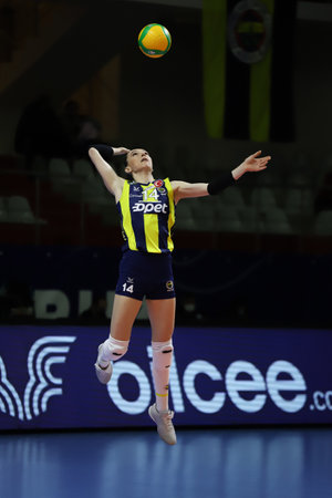 ISTANBUL, TURKEY - FEBRUARY 15, 2022: Eda Erdem Dundar serves during Fenerbahce Opet vs Beziers Volley CEV Champions League Volley match in Burhan Felek Sport Hallのeditorial素材