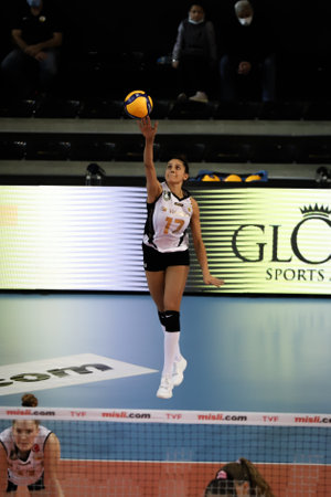 ISTANBUL, TURKEY - FEBRUARY 20, 2022: Derya Cebecioglu serves during Vakifbank vs Mert Grup Sigorta Turkish Sultans League match in Vakifbank Sport Hallのeditorial素材