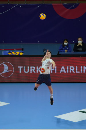 ISTANBUL, TURKEY - MARCH 26, 2022: Maksim Buculjevic serves during Galatasaray vs Altekma SK Turkish Mens Volleyball League match in Burhan Felek Sport Hallのeditorial素材