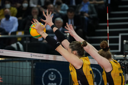 ISTANBUL, TURKEY - MARCH 31, 2022: Zehra Gunes and Isabelle Haak in action during Vakifbank vs Fenerbahce Opet CEV Champions League Volley Semi Final match in Vakifbank Sport Hallのeditorial素材