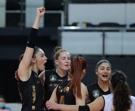 ISTANBUL, TURKEY - MARCH 20, 2022: Vakifbank players celebrating score point during PTT Turkish Sultans League match in Vakifbank Sport Hallのeditorial素材