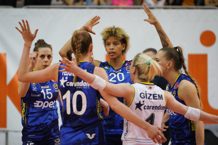 ISTANBUL, TURKEY - APRIL 25, 2022: Fenerbahce Opet players celebrating score point during Eczacibasi Dynavit Turkish Sultans League Playoff 1-4 match in Eczacibasi Sport Hallのeditorial素材