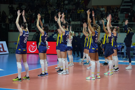 ISTANBUL, TURKEY - APRIL 22, 2022: Fenerbahce Opet players after Eczacibasi Dynavit Turkish Sultans League Playoff 1-4 match in Burhan Felek Sport Hallのeditorial素材