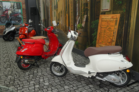 ISTANBUL, TURKEY - APRIL 23, 2022: Vespa motorcycles on display at Motobike Expo in Istanbul Exhibition Centerのeditorial素材