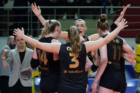 ISTANBUL, TURKEY - MAY 09, 2022: Vakifbank players celebrating score point during Fenerbahce Opet Turkish Sultans League Playoff Final match in Burhan Felek Sport Hallのeditorial素材
