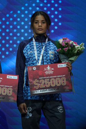 ISTANBUL, TURKEY - MAY 19, 2022: Lopez Aldana Florencia in awards ceremony of IBA Womens World Boxing Championshipsのeditorial素材