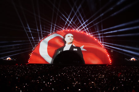 ISTANBUL, TURKEY - MAY 29, 2022: Light show during celebrations of anniversary of Istanbuls conquestのeditorial素材