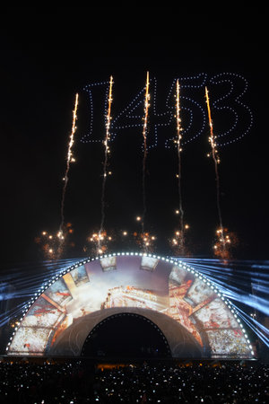 ISTANBUL, TURKEY - MAY 29, 2022: Light show during celebrations of anniversary of Istanbuls conquestのeditorial素材