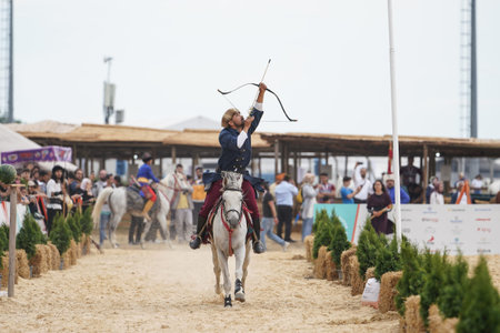 ISTANBUL, TURKIYE - JUNE 11, 2022: Horse Archery show during Etnospor Culture Festival