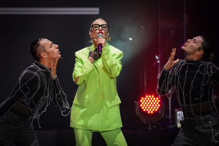 ISTANBUL, TURKIYE - JUNE 11, 2022: Turkish singer Hande Yener concert in Kurucesme Arenaのeditorial素材