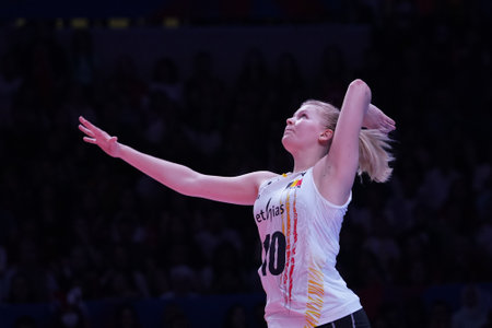 ANKARA, TURKIYE - JUNE 05, 2022: Martin Pauline serves during Turkiye vs Belgium VNL Pool match in Ankara Arenaのeditorial素材