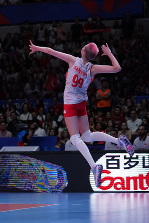 ANKARA, TURKIYE - JUNE 03, 2022: Karakurt Ebrar serves during Turkiye vs China VNL Pool match in Ankara Arenaのeditorial素材