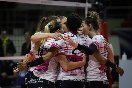 ISTANBUL, TURKEY - FEBRUARY 15, 2022: Beziers Volley players celebrating score point during Fenerbahce Opet CEV Champions League Volley match in Burhan Felek Sport Hallのeditorial素材