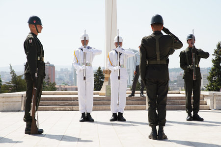 ANKARA, TURKIYE - JUNE 05, 2022: Soldiers march for changing of the guard ceremony in Anitkabir where is the mausoleum of Ataturk, the founder and first President of the Republic of Turkiye.のeditorial素材
