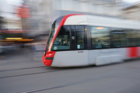 ISTANBUL, TURKEY - APRIL 09, 2022: Tram carries people to Kabatas Station in Istanbulのeditorial素材
