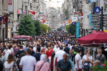 ISTANBUL, TURKIYE - JUNE 11, 2022: People on Istiklal Avenue where the most popular destination of Istanbul for shopping and entertainment.のeditorial素材