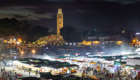 MARRAKESH, MOROCCO - NOVEMBER 02, 2021: People in Jemaa el-Fnaa where main square of Marrakesh, used by locals and touristsのeditorial素材