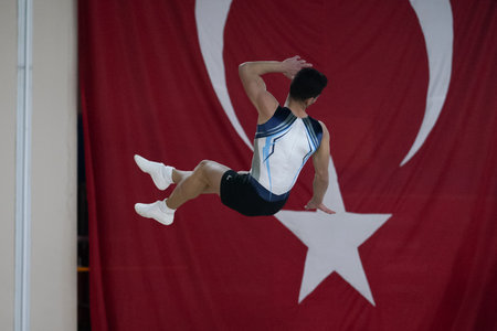 ISTANBUL, TURKEY - APRIL 24, 2022: Undefined athlete performs during Aerobic Gymnastics Turkish Championshipsのeditorial素材