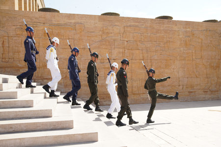 ANKARA, TURKIYE - JUNE 05, 2022: Soldiers march for changing of the guard ceremony in Anitkabir...