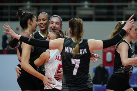 ISTANBUL, TURKEY - APRIL 02, 2022: Mert Grup Sigorta players celebrating score point during Galatasaray HDI Sigorta Turkish Sultans League match in Burhan Felek Sport Hallのeditorial素材