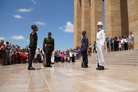 ANKARA, TURKIYE - JULY 14, 2022: Soldiers march for changing of the guard ceremony in Anitkabir where is the mausoleum of Ataturk, the founder and first President of the Republic of Turkiye.のeditorial素材