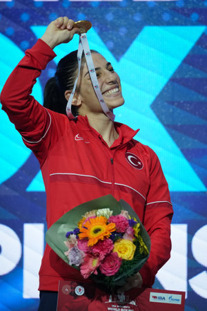 ISTANBUL, TURKEY - MAY 19, 2022: Cagirir Ayse in awards ceremony of IBA Womens World Boxing Championshipsのeditorial素材