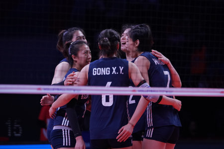 ANKARA, TURKIYE - JUNE 04, 2022: China players celebrating score point during Italy VNL Pool match in Ankara Arenaのeditorial素材