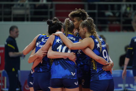 ISTANBUL, TURKEY - APRIL 06, 2022: Fenerbahce Opet players celebrating score point during Vakifbank CEV Champions League Volley Semi Final match in Vakifbank Sport Hallのeditorial素材