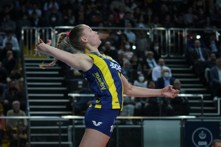 ISTANBUL, TURKEY - MAY 06, 2022: Arina Fedorovtseva serves during Fenerbahce Opet vs Vakifbank Turkish Sultans League Playoff Final match in Burhan Felek Sport Hallのeditorial素材