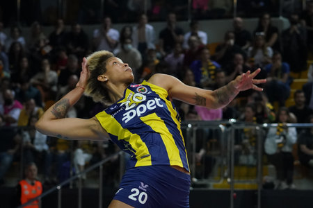 ISTANBUL, TURKEY - MAY 06, 2022: Melissa Vargas serves during Fenerbahce Opet vs Vakifbank Turkish Sultans League Playoff Final match in Burhan Felek Sport Hallのeditorial素材