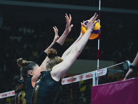 ISTANBUL, TURKEY - MAY 09, 2022: Zehra Gunes and Isabelle Haak in action during Fenerbahce Opet vs Vakifbank Turkish Sultans League Playoff Final match in Burhan Felek Sport Hallのeditorial素材