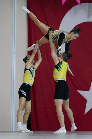 ISTANBUL, TURKEY - APRIL 24, 2022: Undefined athletse perform during Aerobic Gymnastics Turkish...