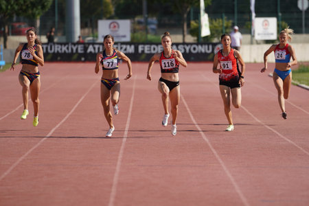 DENIZLI, TURKIYE - JULY 17, 2022: Athletes running 200 metres during Balkan Athletics U20 Championships in Denizli Albayrak Athletics Trackのeditorial素材