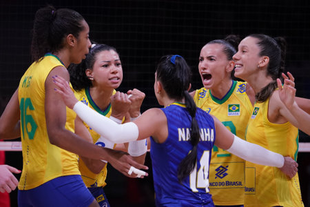ANKARA, TURKIYE - JULY 13, 2022: Brazil players celebrating score point during Japan VNL Quarter Final match in Ankara Arenaのeditorial素材