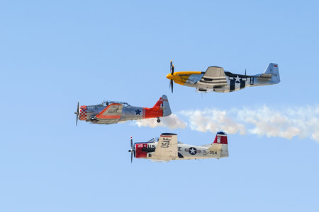 ESKISEHIR, TURKIYE - SEPTEMBER 18, 2022: M.S.O Air and Space Museum North American T-28B Trojan, P-51D Mustang and AT-6G Texan display in Sivrihisar SHG Airshowのeditorial素材