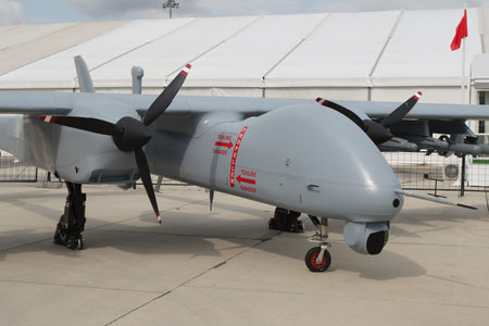 ISTANBUL, TURKIYE - OCTOBER 08, 2022: Turkish Aerospace Industries TAI Aksungur UAV display in...