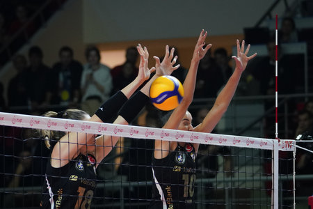 ISTANBUL, TURKIYE - OCTOBER 29, 2022: Zehra Gunes and Gabriela Guimaraes in action during Vakifbank vs Fenerbahce Opet WomenÂ Champions Cup match in Burhan Felek Sport Hallのeditorial素材
