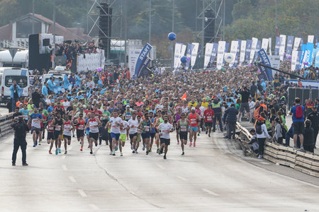ISTANBUL, TURKEY - NOVEMBER 06, 2022: Athletes running in 44. Istanbul marathon which includes two continents in one race.のeditorial素材