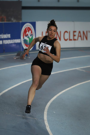 ISTANBUL, TURKEY - FEBRUARY 26, 2022: Undefined athlete running during Turkish Indoor Athletics...