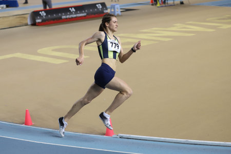 ISTANBUL, TURKEY - FEBRUARY 27, 2022: Undefined athlete running during Turkish Indoor Athletics...