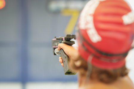 ISTANBUL, TURKIYE - JULY 02, 2022: Undefined athlete competing in laser pistol shooting component of modern pentathlon during Maltepe Water Sports Festivalのeditorial素材