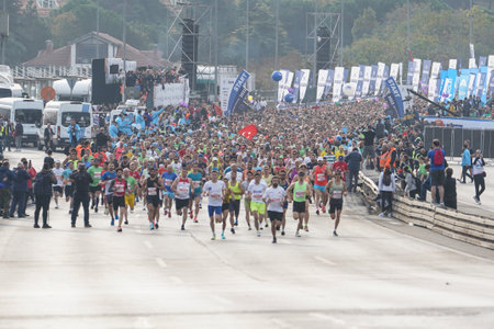 ISTANBUL, TURKEY - NOVEMBER 06, 2022: Athletes running in 44. Istanbul marathon which includes two continents in one race.のeditorial素材