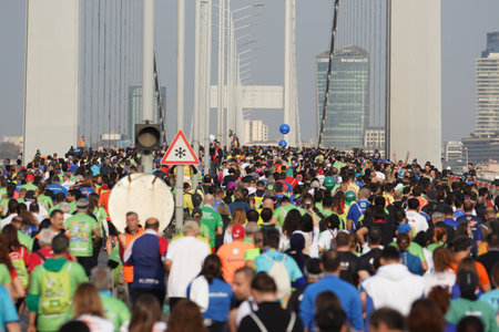 ISTANBUL, TURKEY - NOVEMBER 06, 2022: Athletes running in 44. Istanbul marathon which includes two continents in one race.のeditorial素材