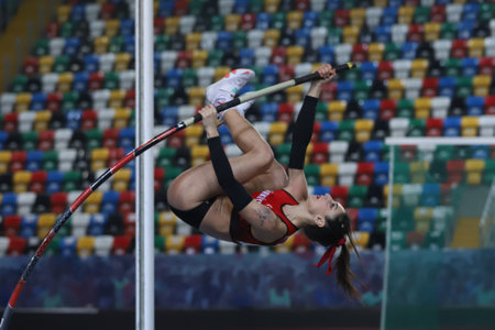 ISTANBUL, TURKEY - MARCH 05, 2022: Undefined athlete pole vaulting during Balkan Athletics Indoor Championships in Atakoy Athletics Arenaのeditorial素材