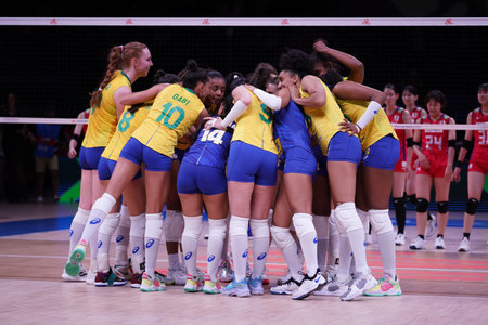 ANKARA, TURKIYE - JULY 13, 2022: Brazil players celebrating winning of Japan VNL Quarter Final match...