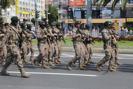ISTANBUL, TURKIYE - AUGUST 30, 2022: Police march during 100th anniversary of 30 August Turkish Victory Day parade on Vatan Avenueのeditorial素材