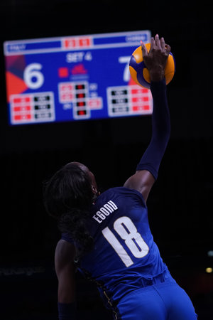 ANKARA, TURKIYE - JULY 14, 2022: Egonu Paola Ogechi serves during Italy vs China VNL Quarter Final match in Ankara Arenaのeditorial素材