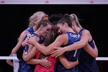 ANKARA, TURKIYE - JULY 13, 2022: United States players celebrating score point during Serbia VNL Quarter Final match in Ankara Arenaのeditorial素材