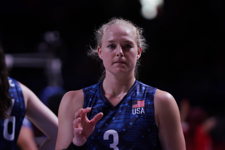 ANKARA, TURKIYE - JULY 13, 2022: Plummer Kathryn warming up before United States vs Serbia VNL Quarter Final match in Ankara Arenaのeditorial素材